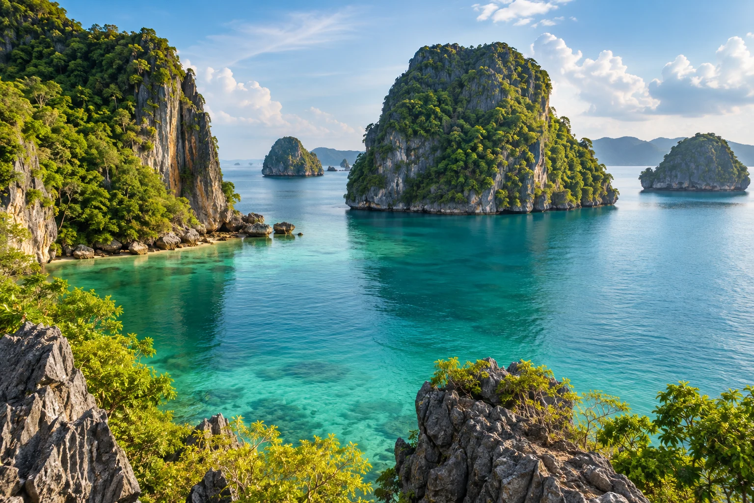 Forested limestone islands rising from a calm turquoise tropical bay; an editorial illustration.