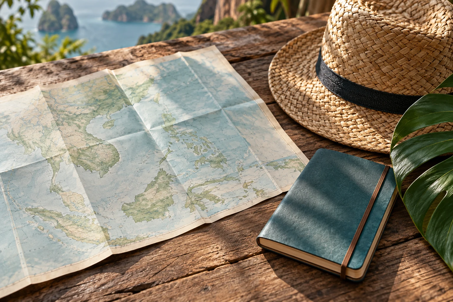 A folded map, woven hat and travel notebook beside a tropical leaf; an editorial illustration.
